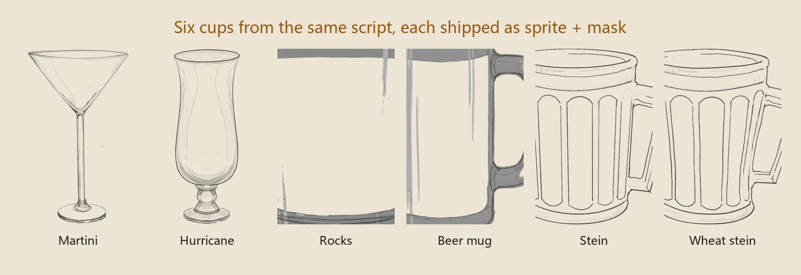 Six finished cups produced by the same pipeline — martini, hurricane, rocks, steins